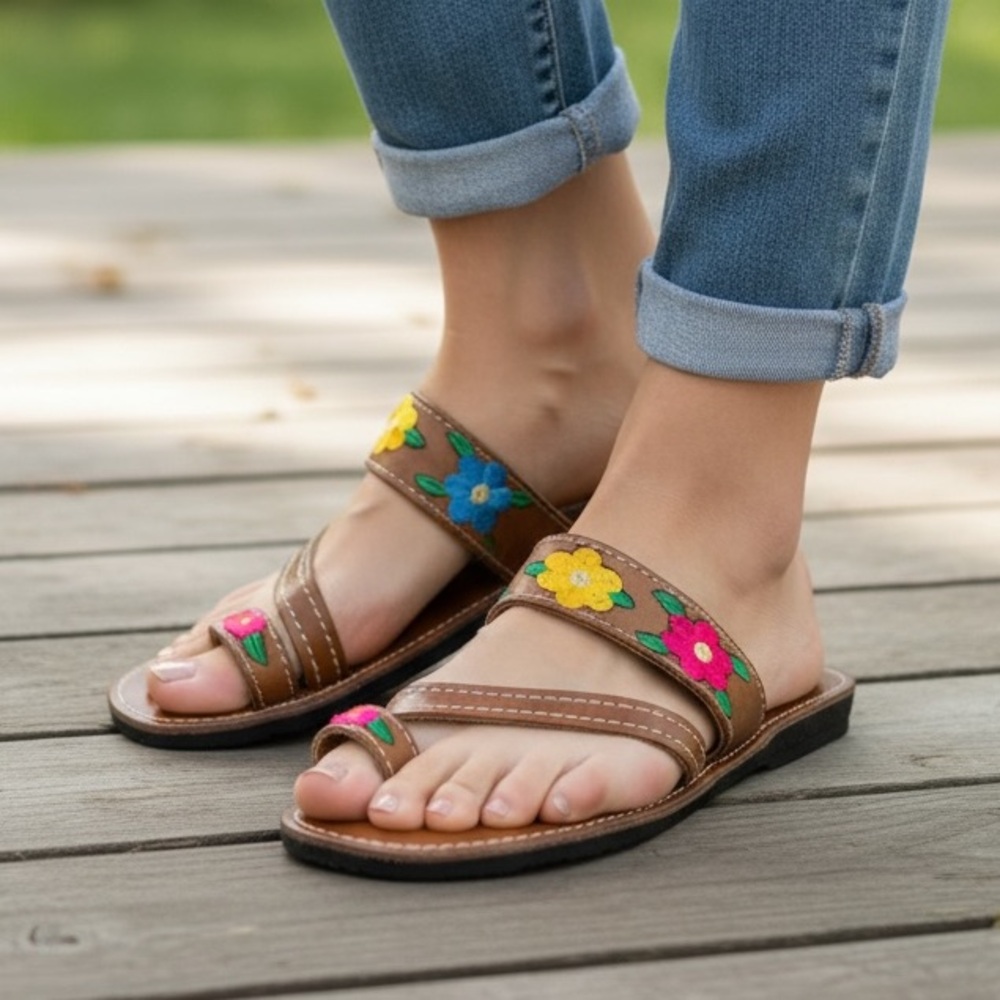 Tan Leather Floral Embroidered Slide Sandals Mexican Boho Beach Huaraches